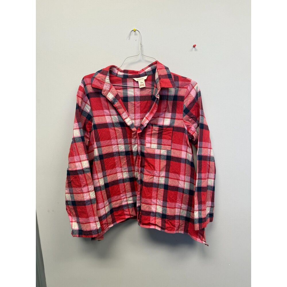 Sundance Women’s L Red Pink Plaid Flannel Popover Shirt 100% Cotton Roll Tab